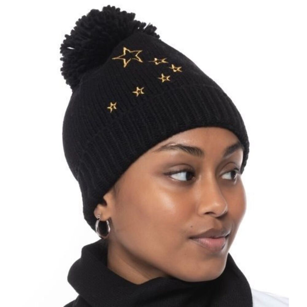 Jenni Black Knit Beanie With Gold Stars One Size